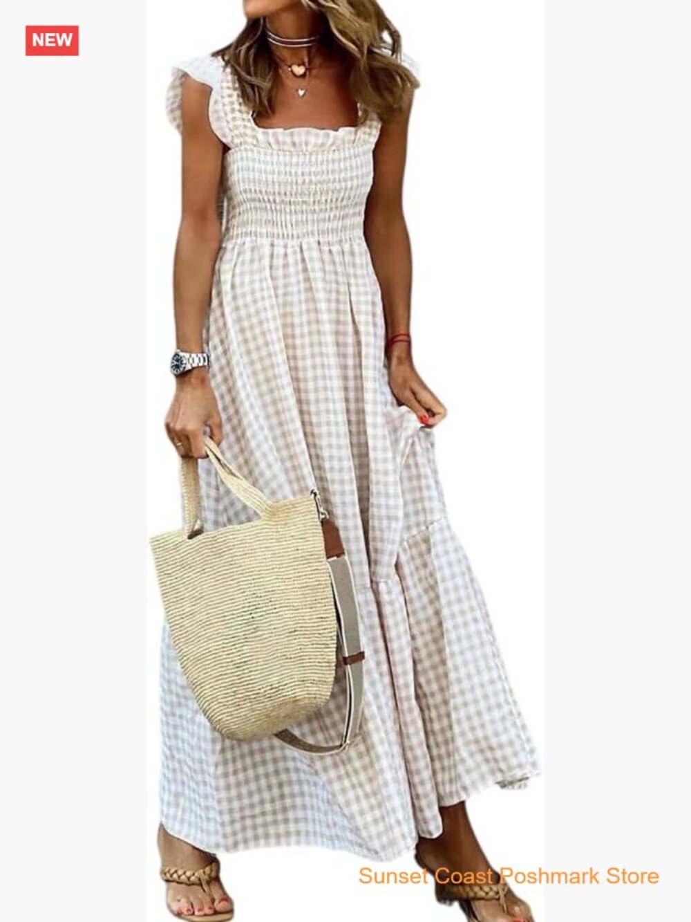 Smocked Maxi Dress Square Neck Ruffle Cap Sleeves Tiered Flowy Gingham Boho - Picture 1 of 6
